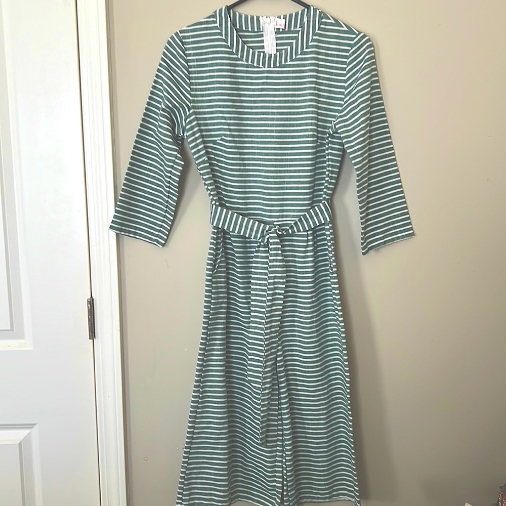 Light green and white, striped capri jumpsuit. Linen material Comfy breathable.